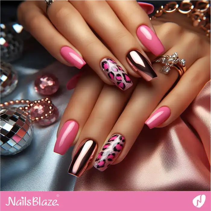 Pink Leopard Print Nails with Chrome Accents | Animal Print Nails - NB4334